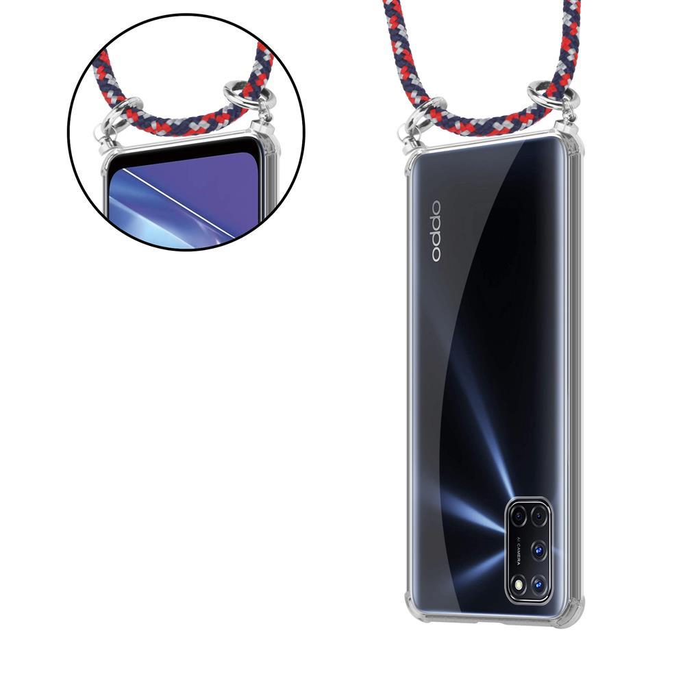 Ein transparentes OPPO Handy mit einem roten, blauen und weißen Lanyard.