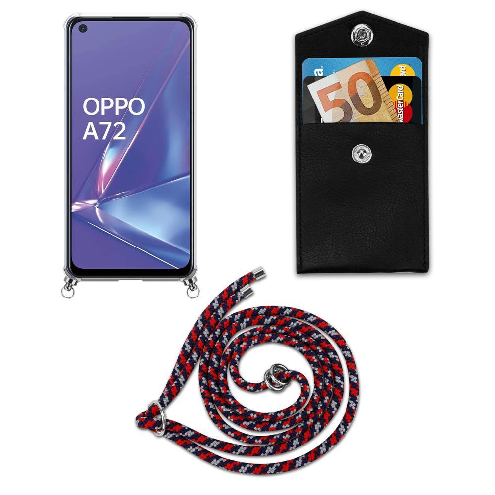 Schwarzes Etui mit 50-Euro-Schein, Mastercard, OPPO A72 Handy und Lanyard.