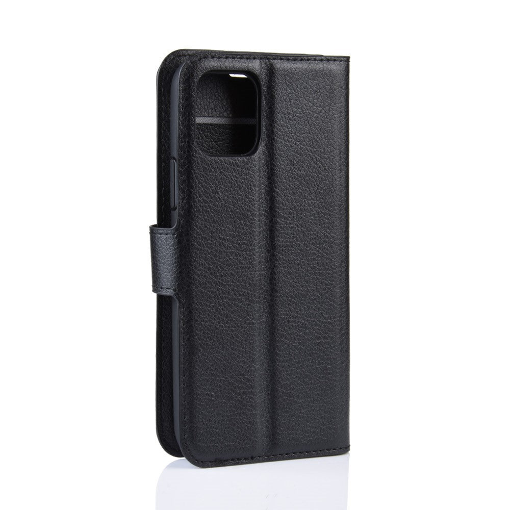 Custodia a libro in pelle nera per smartphone con ritaglio fotocamera.