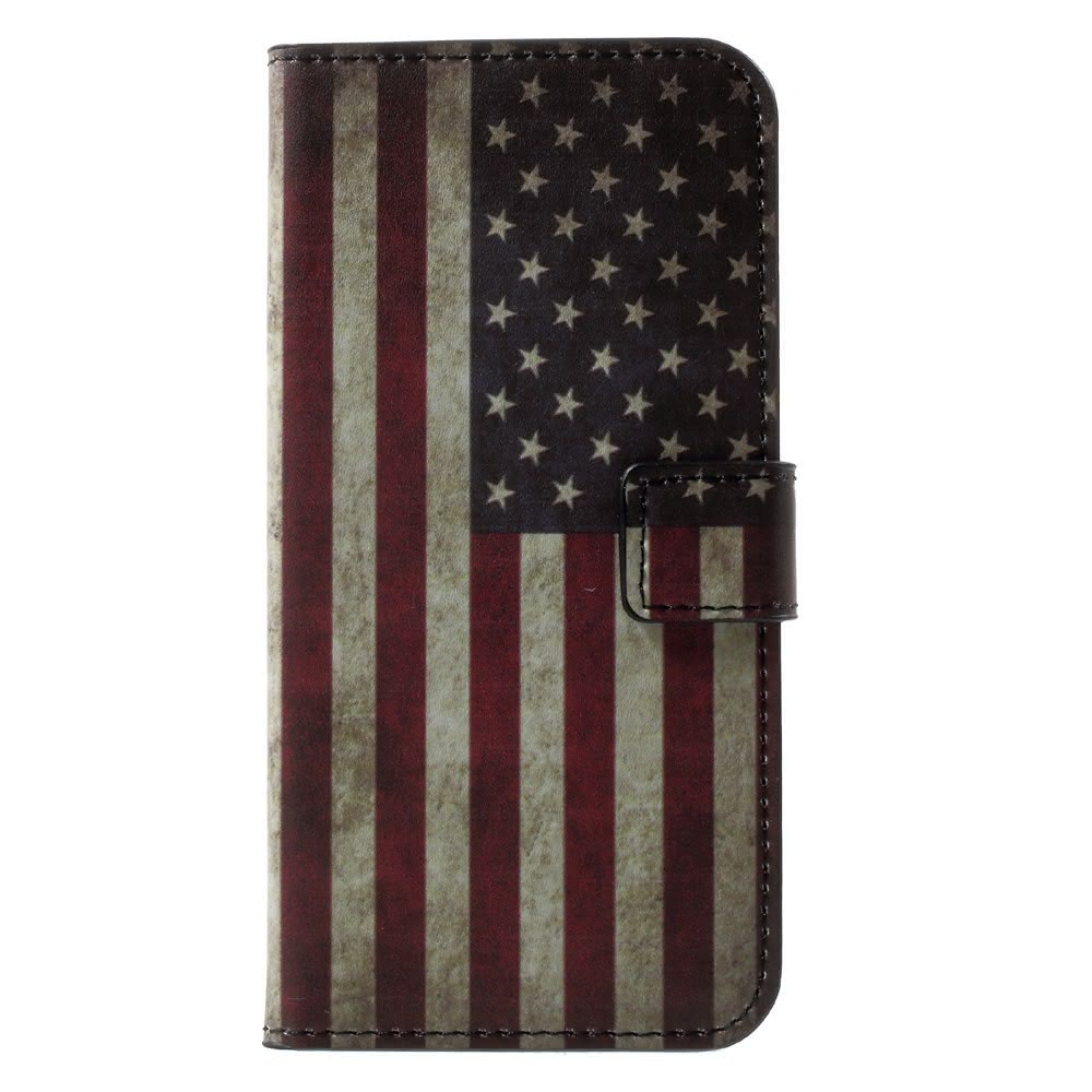 Una custodia per telefono con design a bandiera americana usurata.
