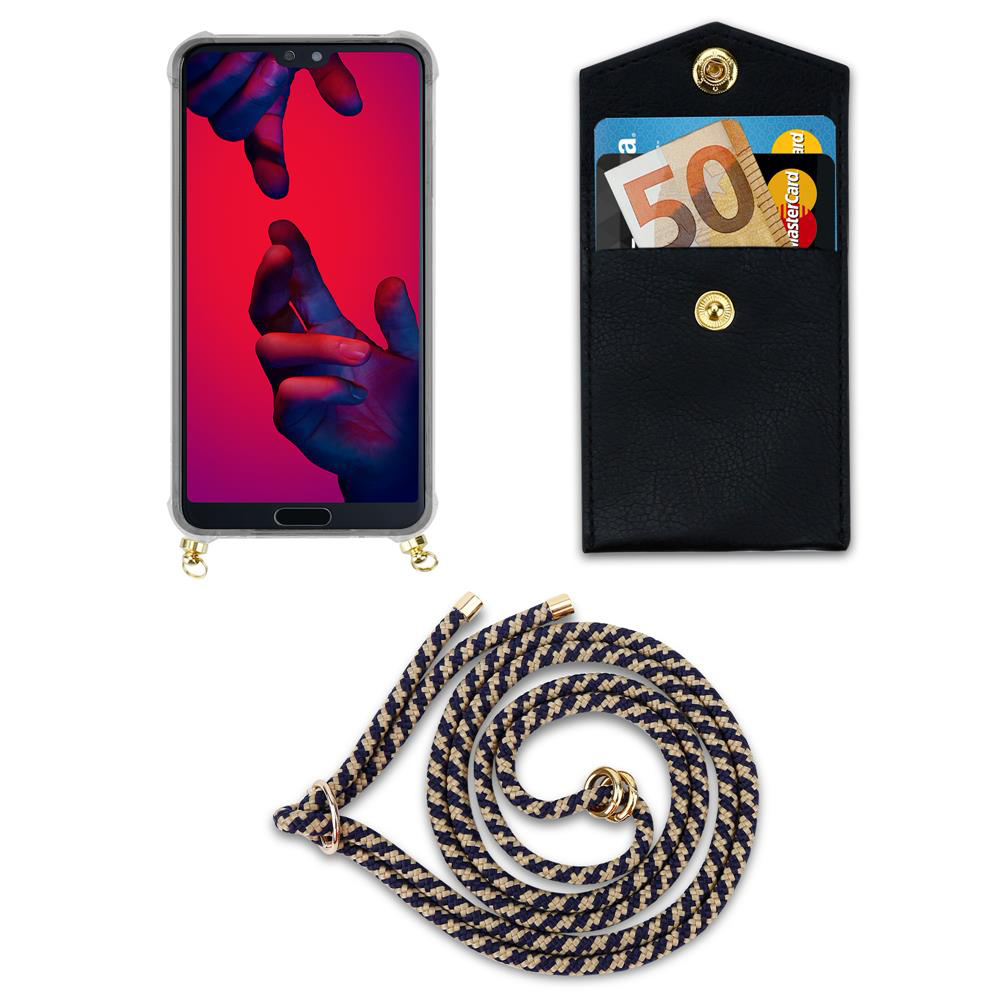 Smartphone con custodia, portafoglio con soldi e carte, e cordino.