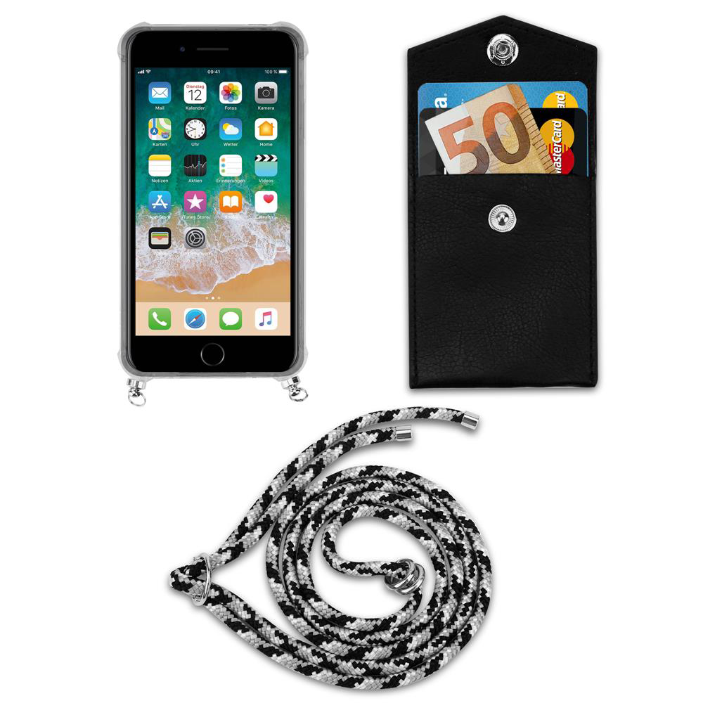 Smartphone con custodia, portafoglio con soldi e carta, e un laccio