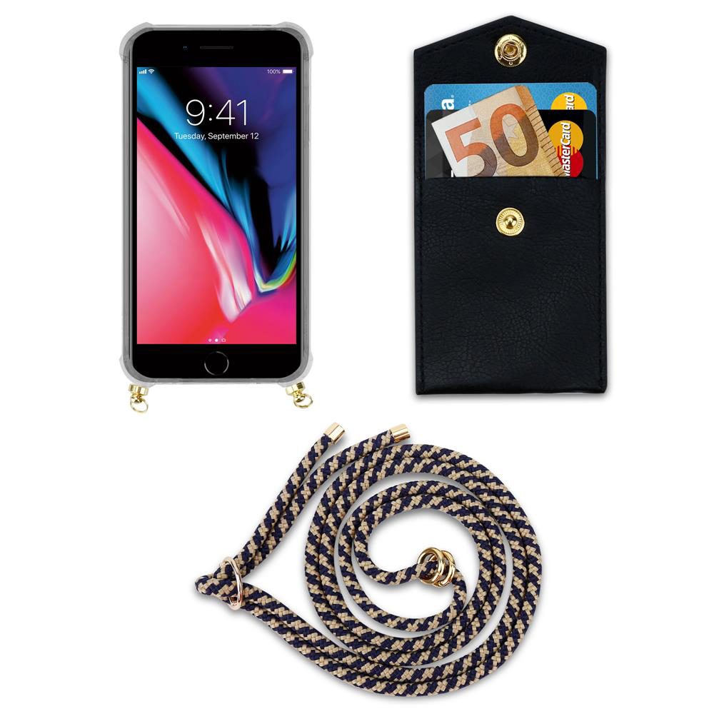 Un iPhone in custodia trasparente, portafoglio nero con carte e cordino.
