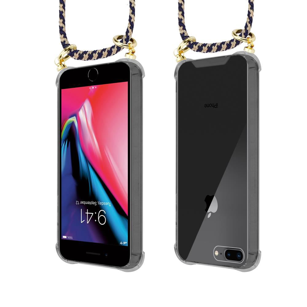 Due iPhone con attacco per cordino, viste frontale e posteriore.