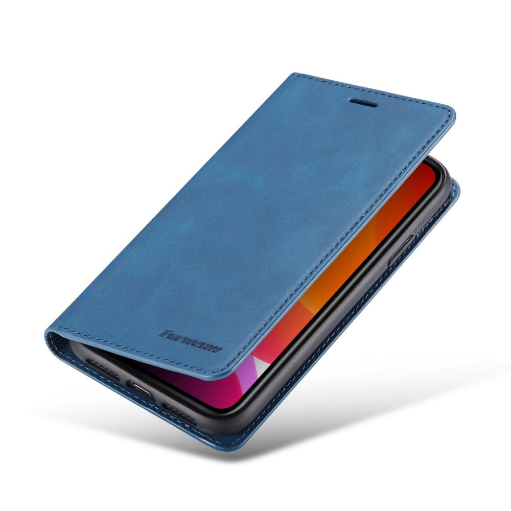 Telefono blu con custodia a libro aperta che mostra lo schermo.