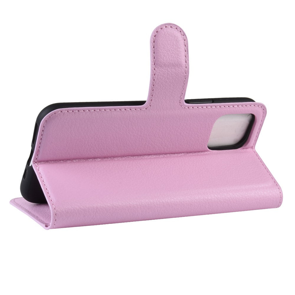 Una custodia rosa per telefono con una linguetta che si apre verso l'alto.