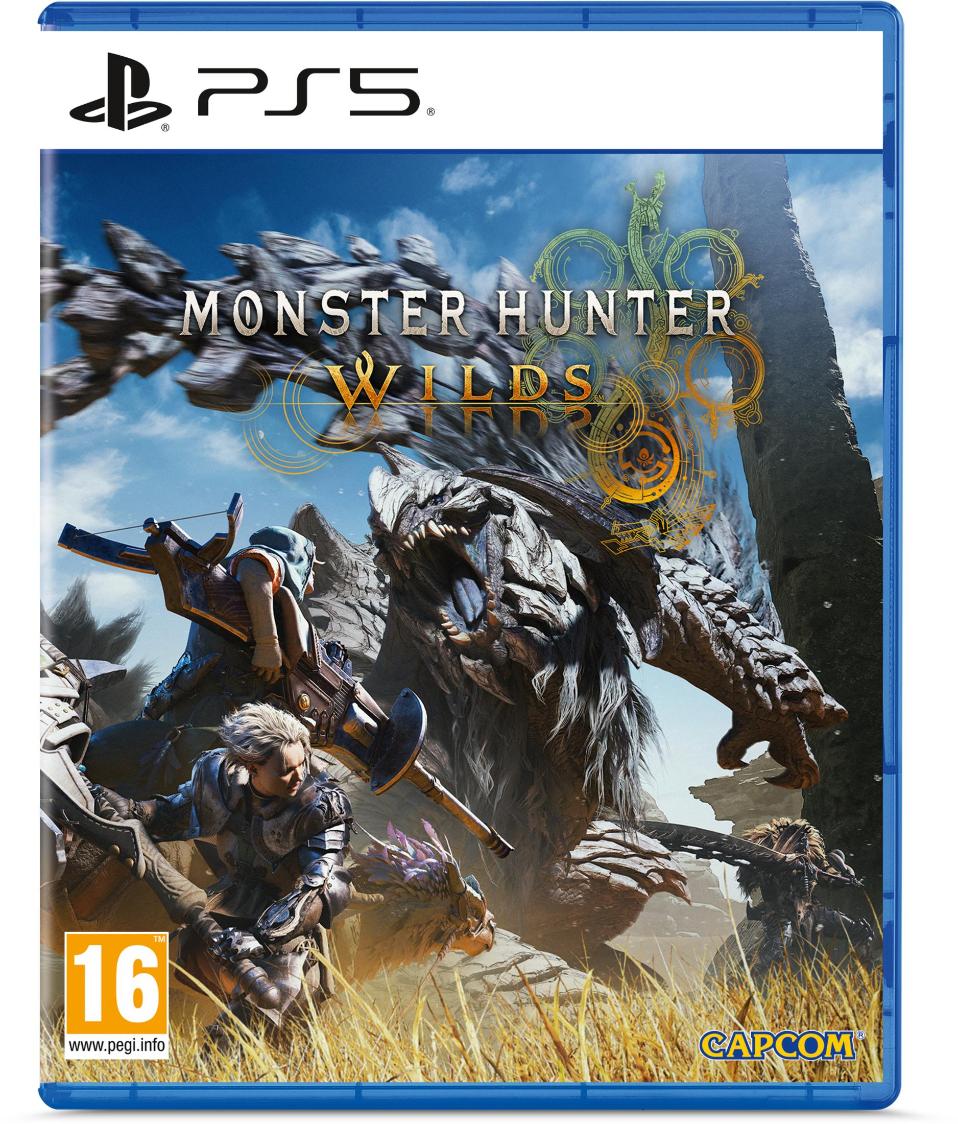 Copertina gioco PS5: Monster Hunter Wilds con un mostro grande e cacciatori sull'erba.