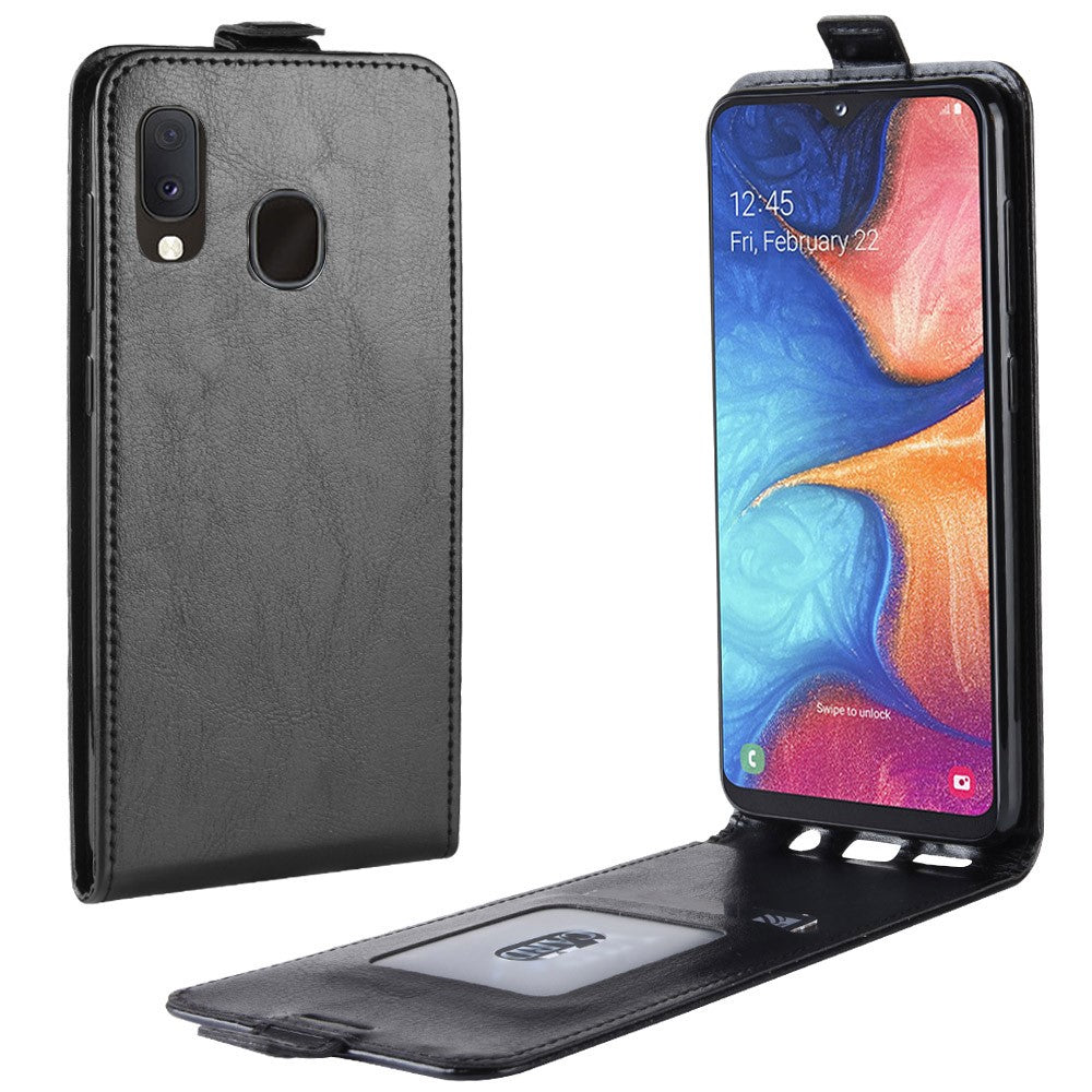 Custodia nera in pelle a flip per telefono con schermo aperto e slot.