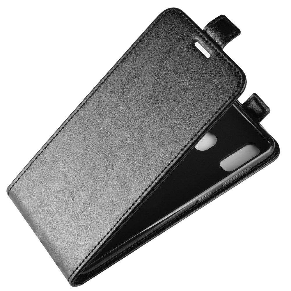 Custodia a libro in pelle nera per smartphone, aperta, su sfondo bianco.
