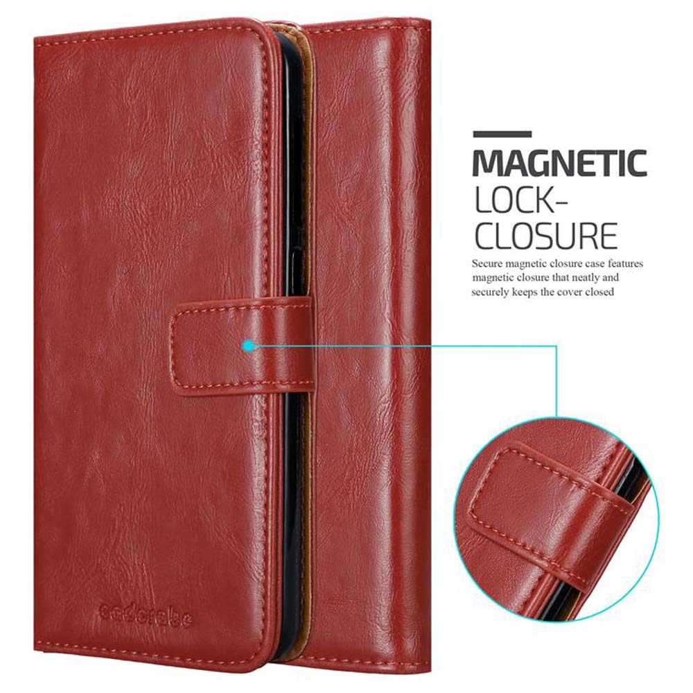Custodia in pelle rossa con chiusura magnetica.