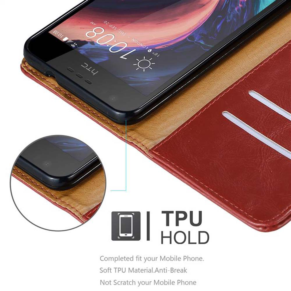 Custodia rossa per telefono con telefono HTC all'interno che mostra la schermata principale.