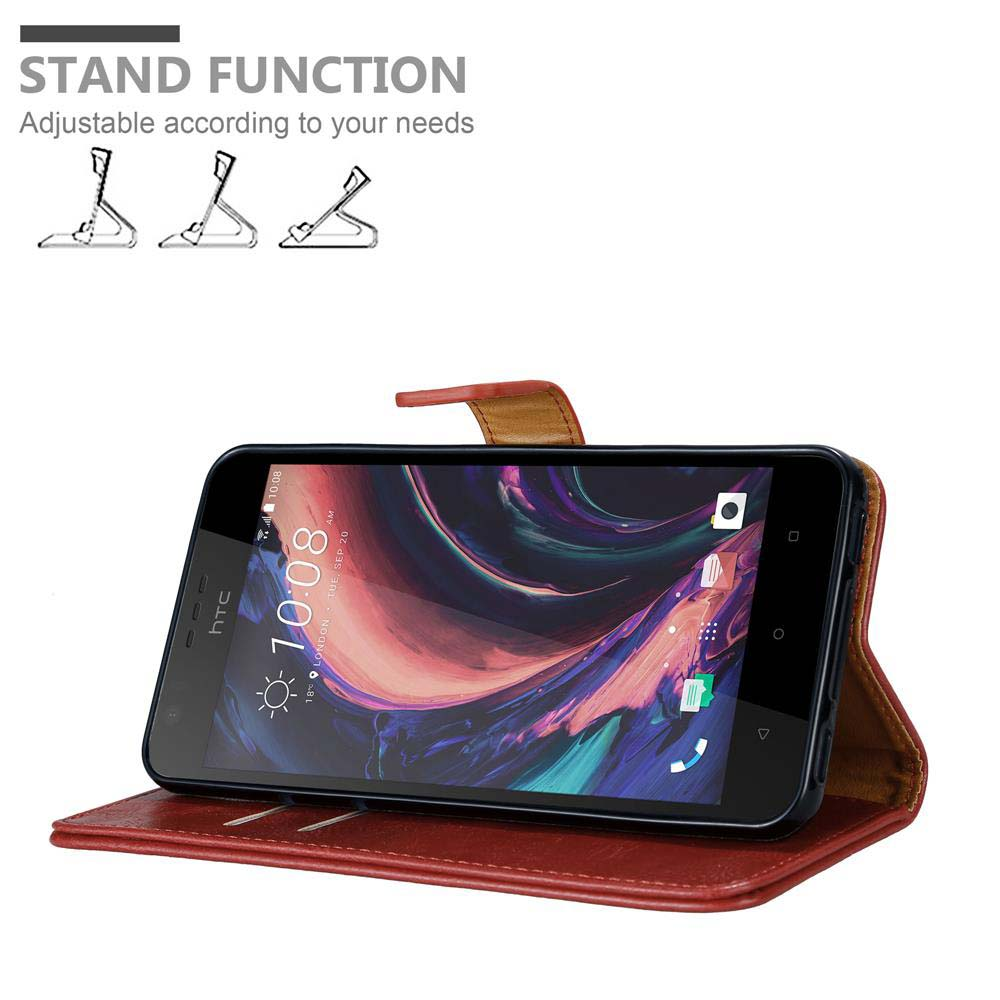 Custodia a libro in pelle rossa per HTC con funzione stand. Mostra ora 10:08.