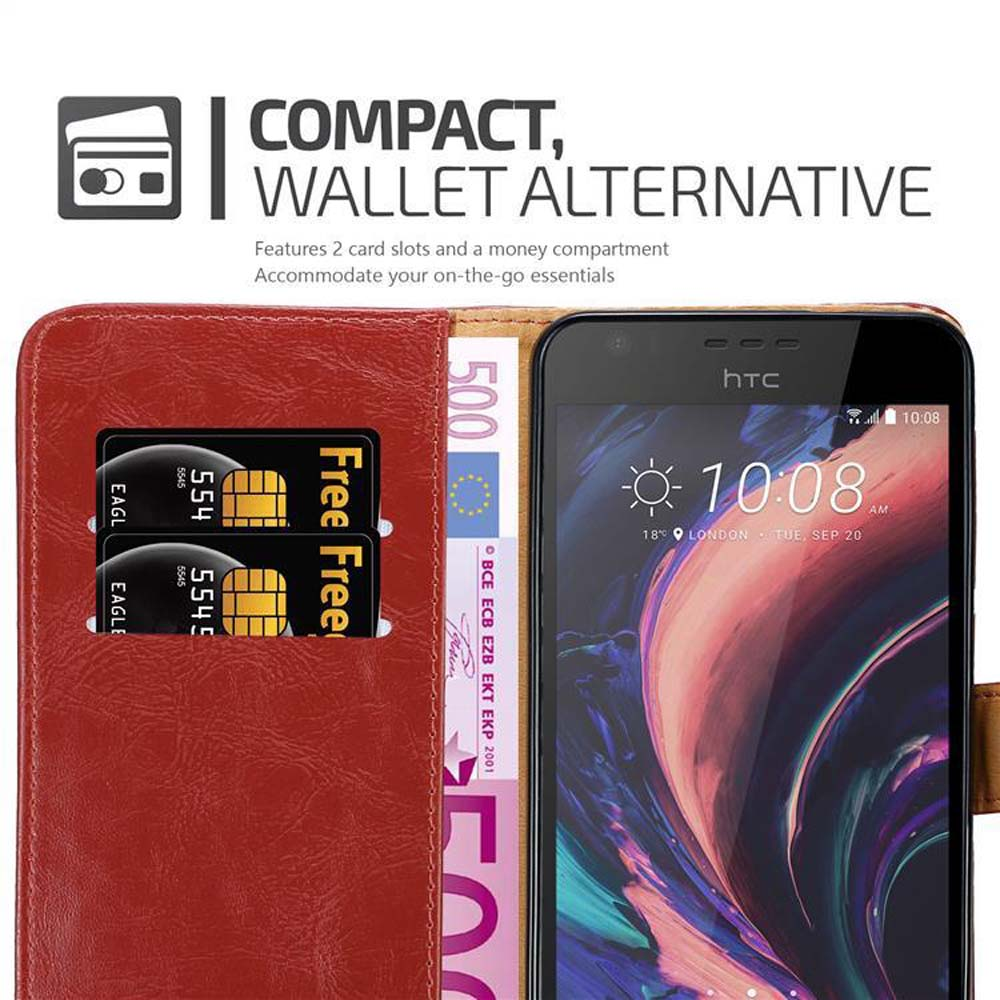 Portafoglio rosso con telefono, due carte e banconota da 500 euro.