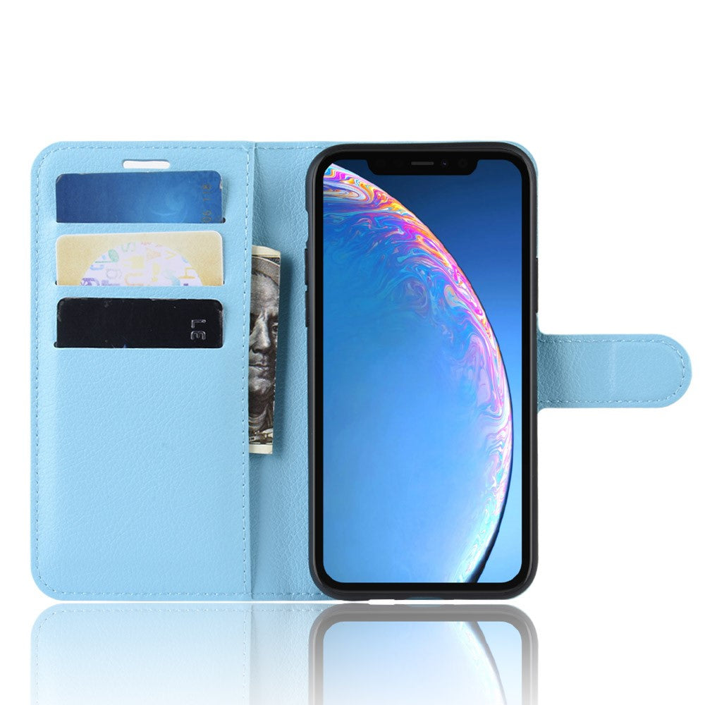 Una custodia a libro azzurra con slot per carte e tasca per soldi.