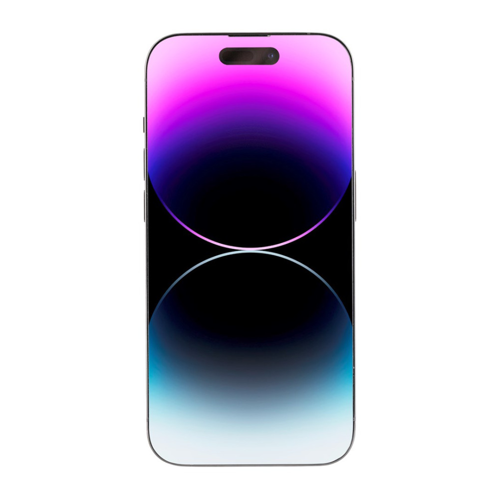 Uno smartphone elegante con uno sfondo viola e blu e un ritaglio in alto.