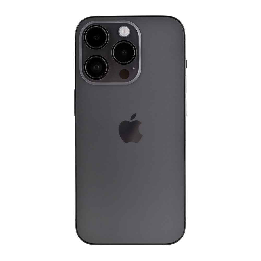 Retro di un iPhone scuro con logo Apple e tre fotocamere.