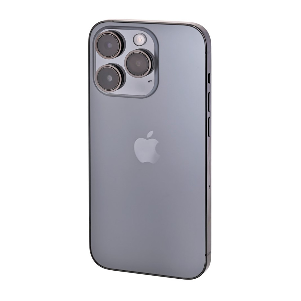 Retro di un iPhone grigio con tre fotocamere e logo Apple.