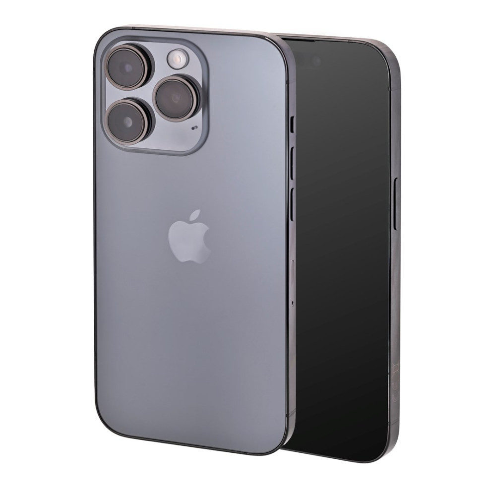 iPhone grigio scuro con tripla fotocamera e logo Apple, su sfondo bianco.