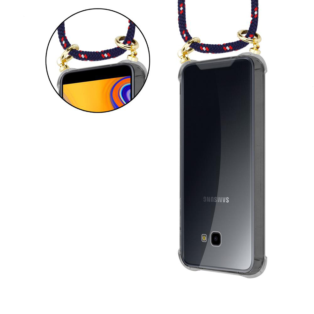 Uno smartphone in custodia trasparente con cordino, su sfondo bianco.