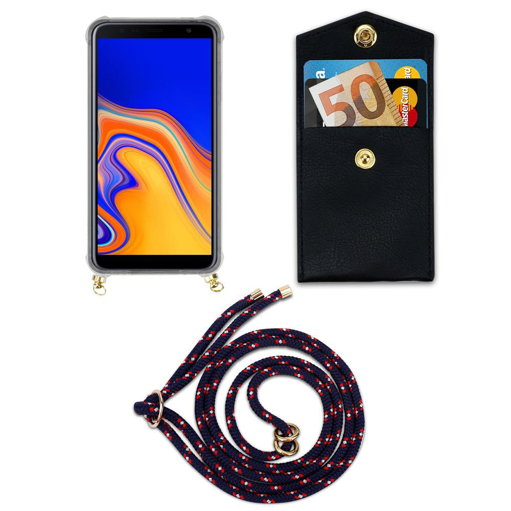 Smartphone in custodia, portafoglio con soldi e carta, cordino su sfondo bianco.