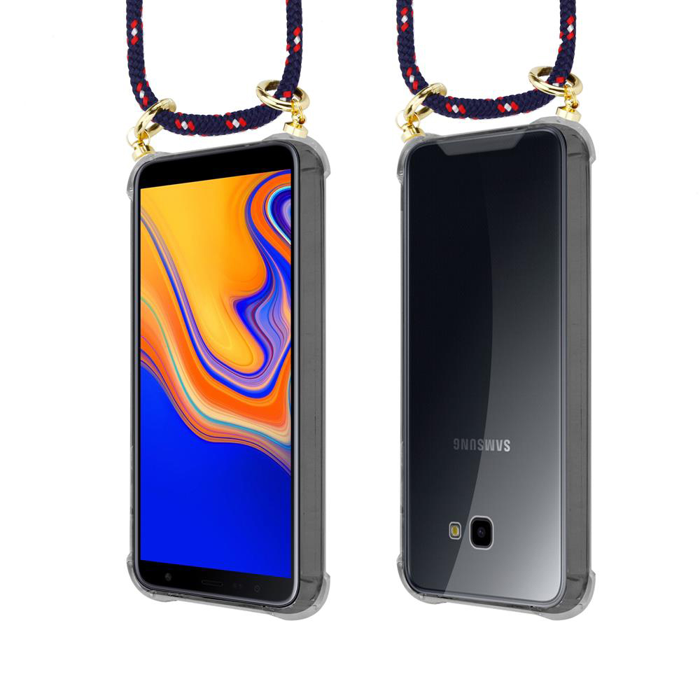 Uno smartphone con cordino blu e rosso e clip dorate, vista frontale e posteriore.