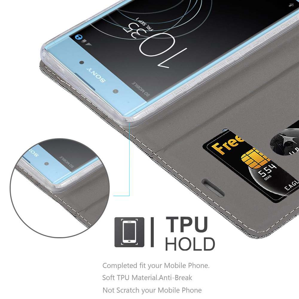 Smartphone Sony in custodia a portafoglio grigia, mostra ora 10:35 e carte.
