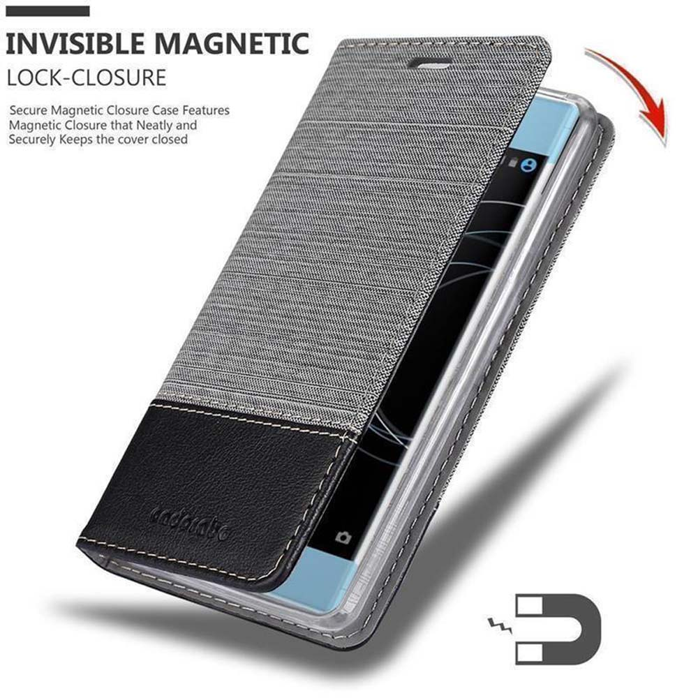 Custodia grigia per telefono con accento in pelle nera e chiusura magnetica.
