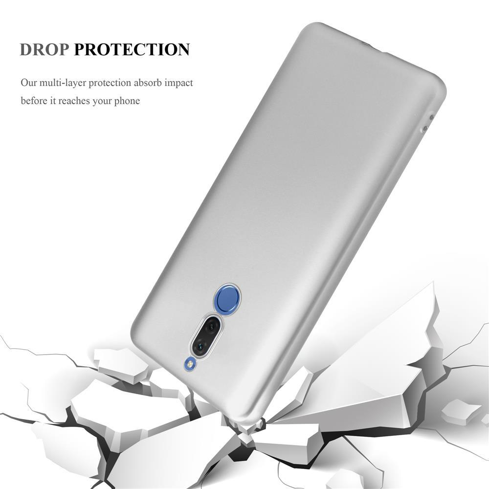 Graues Handycase bricht durch weißen Boden. Text: Drop Protection.