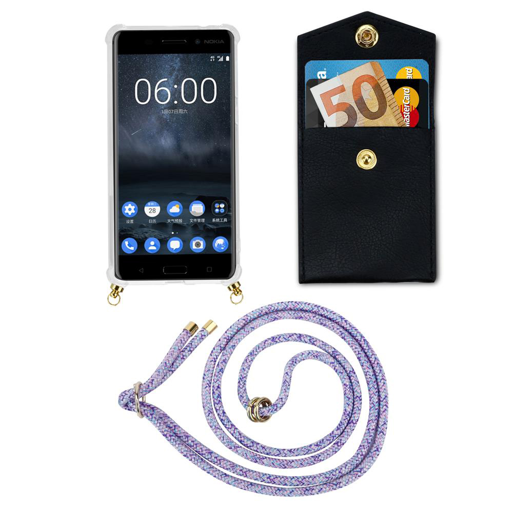 Ein Nokia-Smartphone mit Hülle, eine schwarze Brieftasche mit Geld und Karten, und eine Schnur.