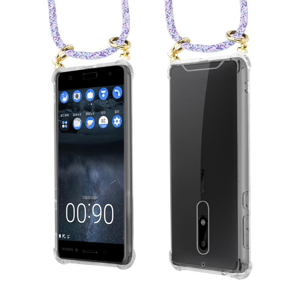 Ein Nokia-Smartphone in einer transparenten Hülle mit einem geflochtenen Band.