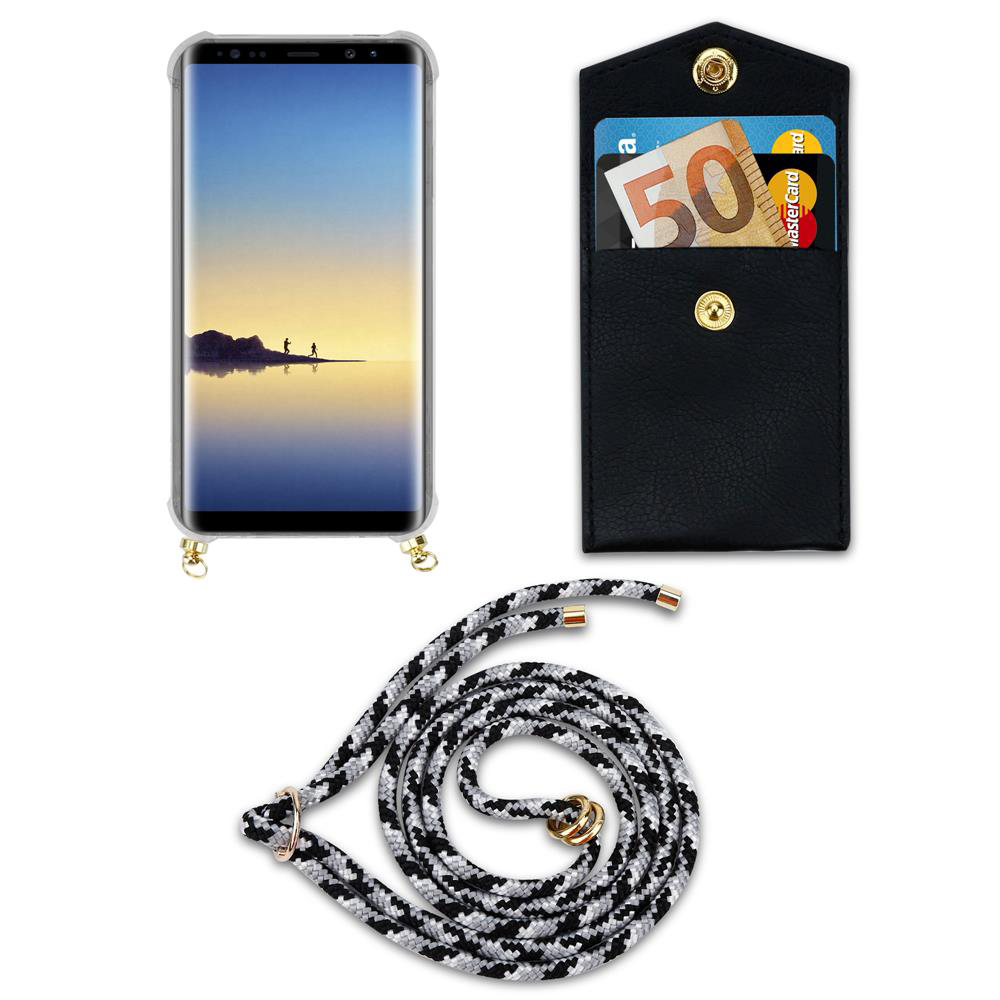 Uno smartphone in custodia, portafoglio con soldi e carte, e cordino.