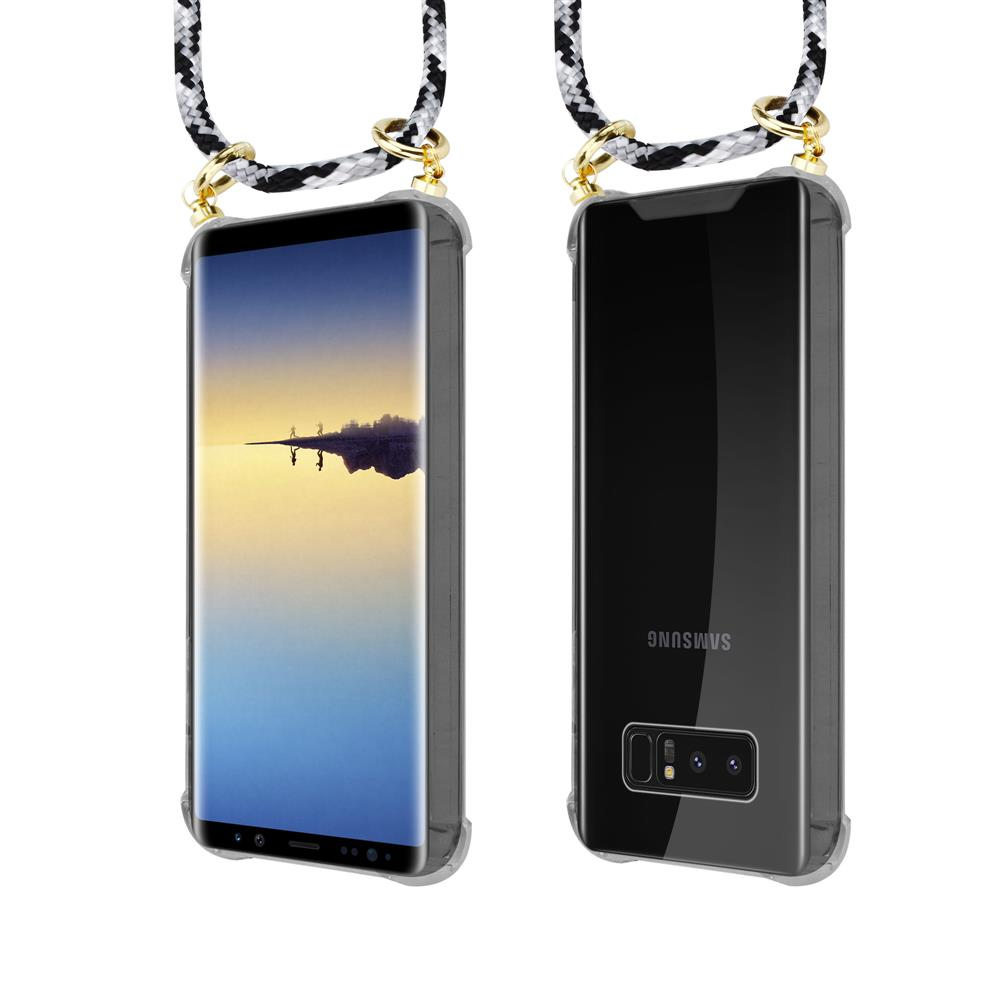 Uno smartphone con cinturino da collo, vista frontale e posteriore.