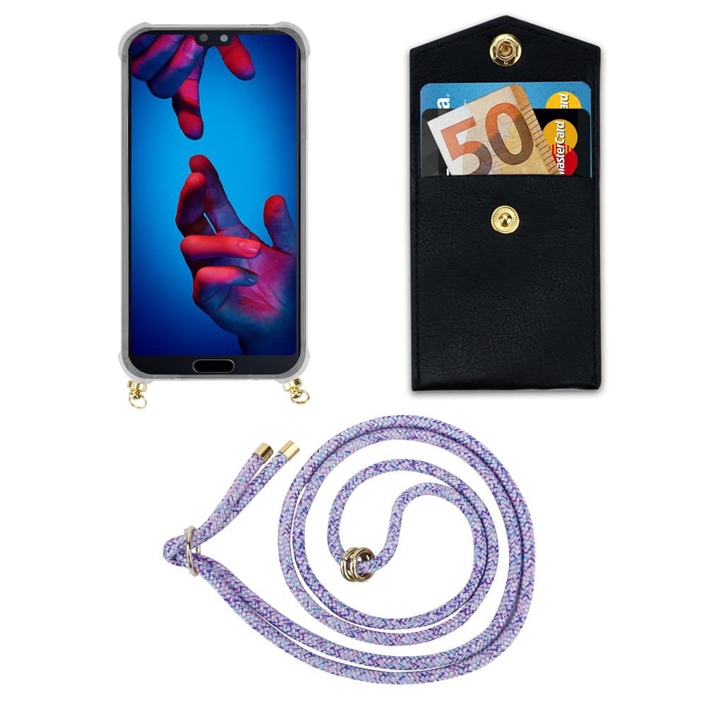 Uno smartphone, un portafoglio nero con banconota da 50 euro e cordino viola.
