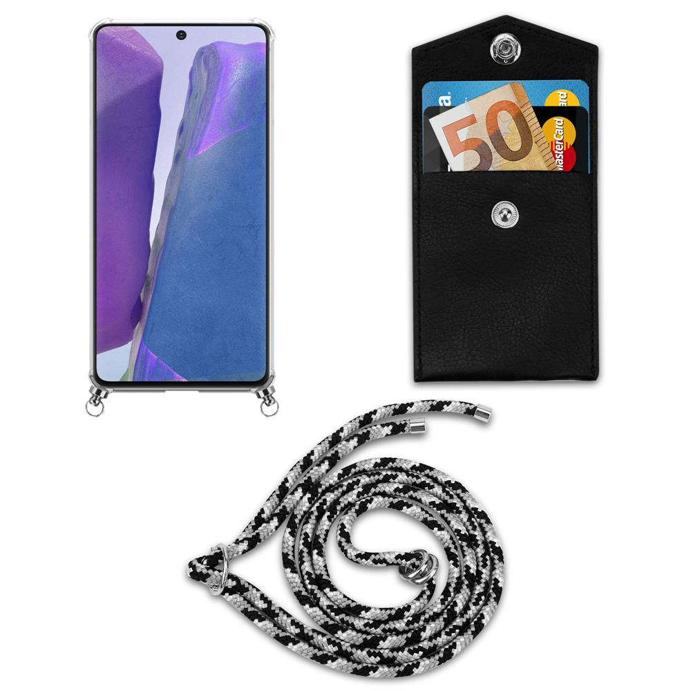 Uno smartphone in custodia, una tasca nera con banconota da 50€ e carta, e un laccio.