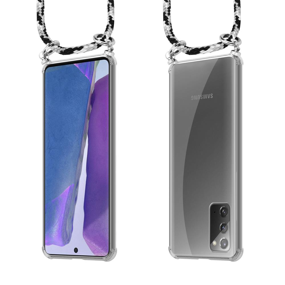 Uno smartphone in una custodia trasparente con laccetto.