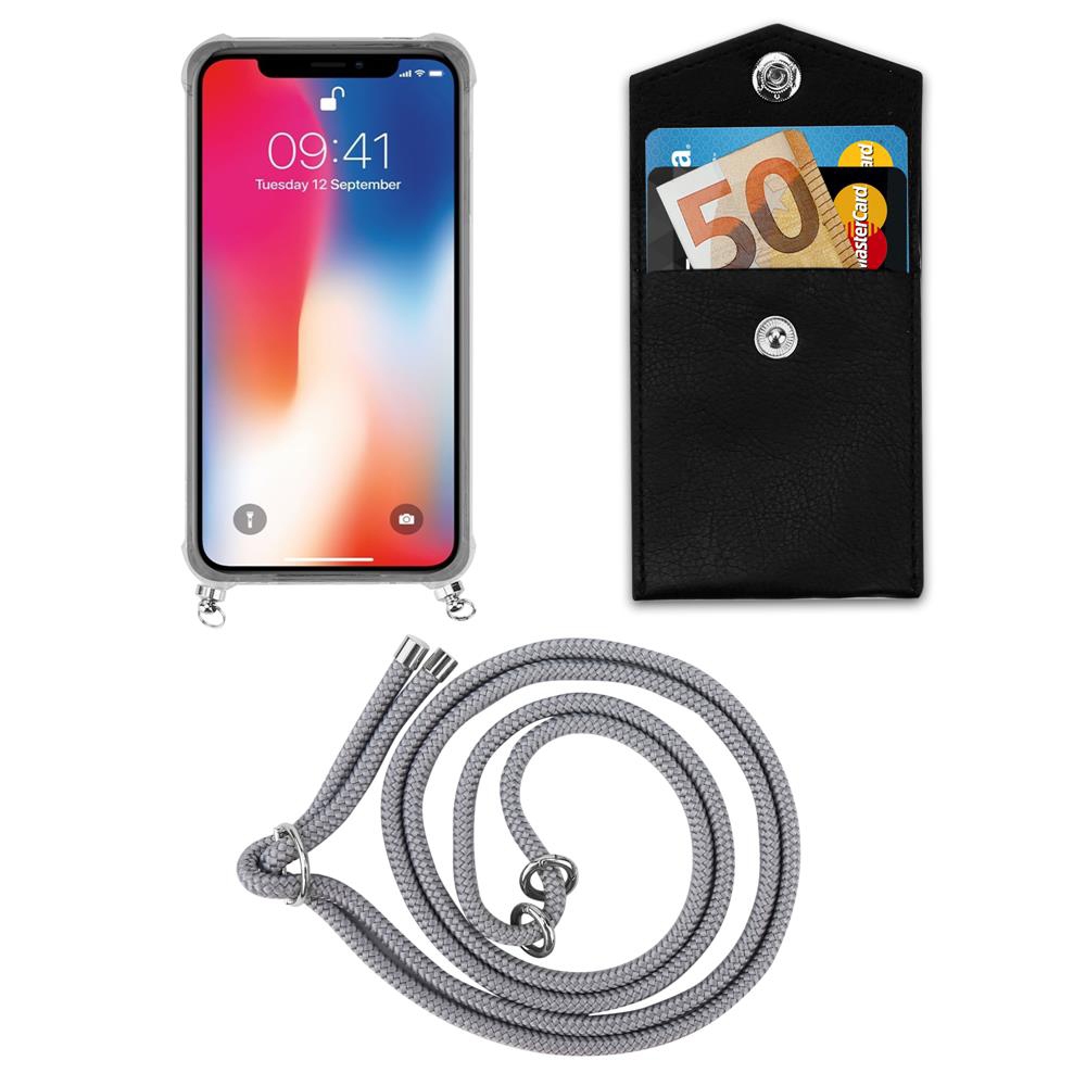 Uno smartphone con schermata di blocco, un portafoglio nero con banconota da 50 euro e un laccio grigio.