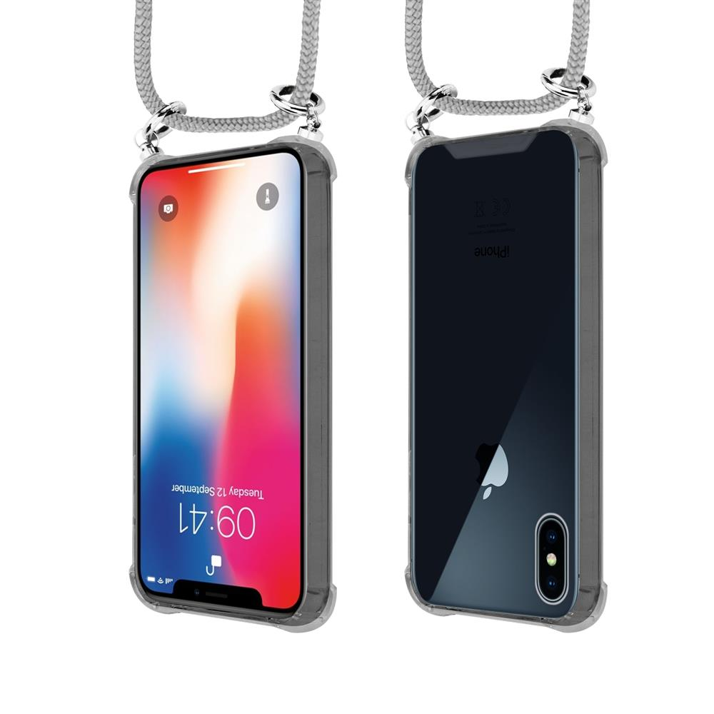 Un iPhone in custodia trasparente con laccetto, vista frontale e posteriore.