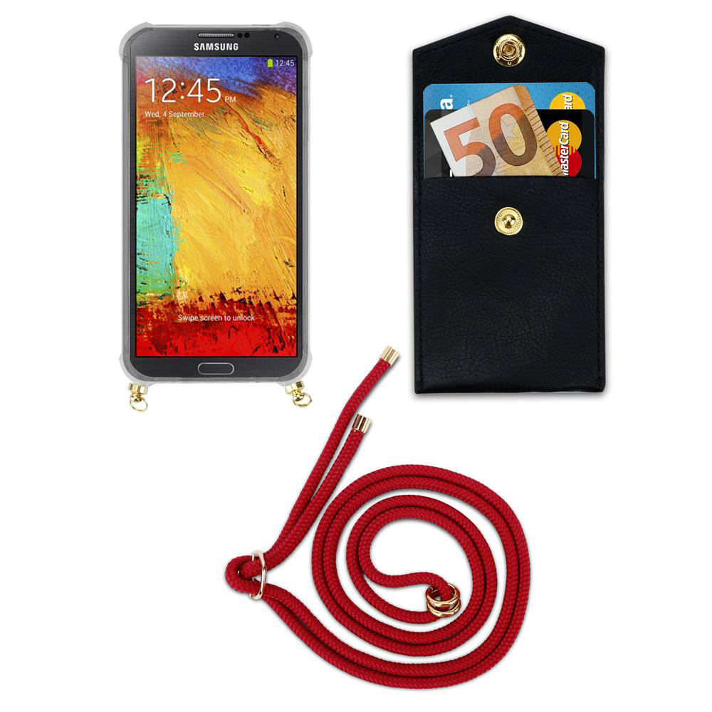Uno smartphone in una custodia con un cordone rosso accanto e una tasca nera con carte.