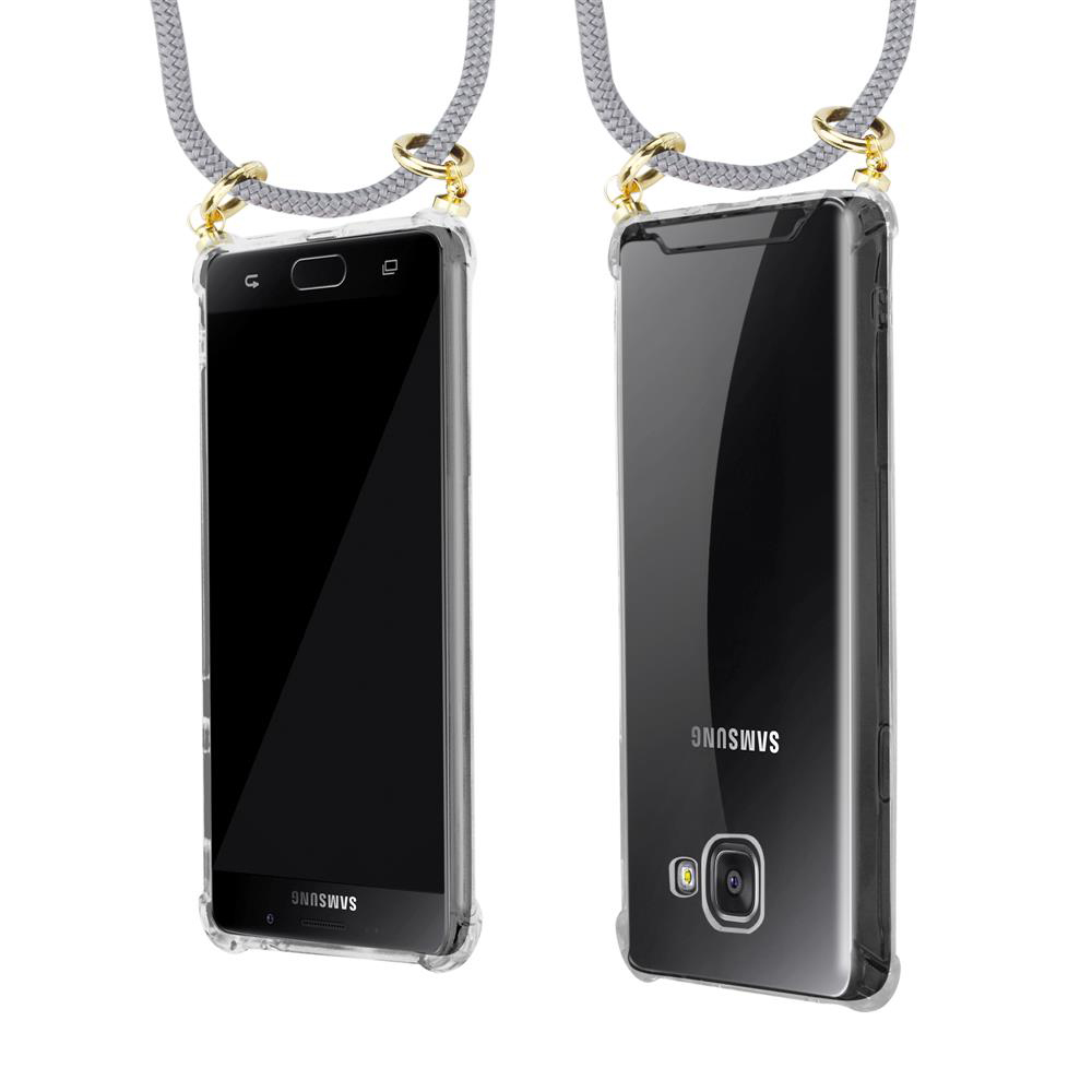 Dos fundas transparentes para mvil con cordones, blancas y grises.