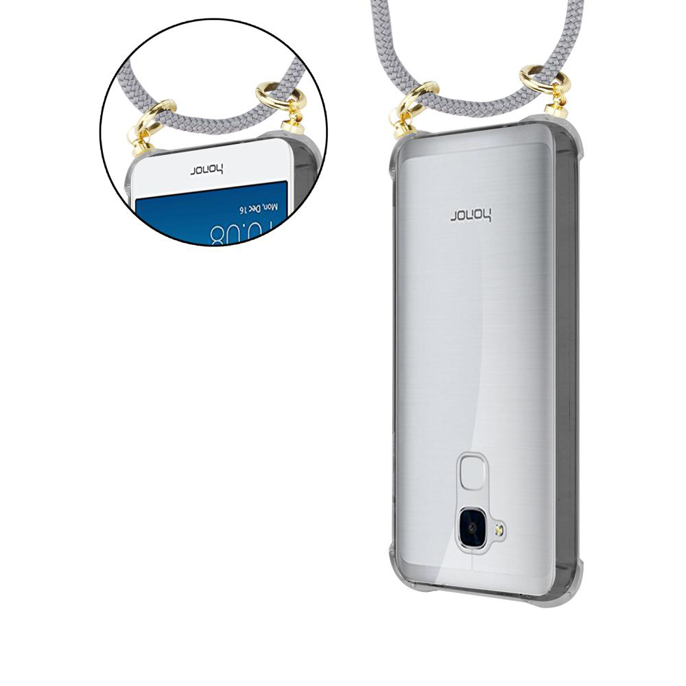 Ein Smartphone mit transparentem Gehäuse und Lanyard, das an den Ecken befestigt ist.
