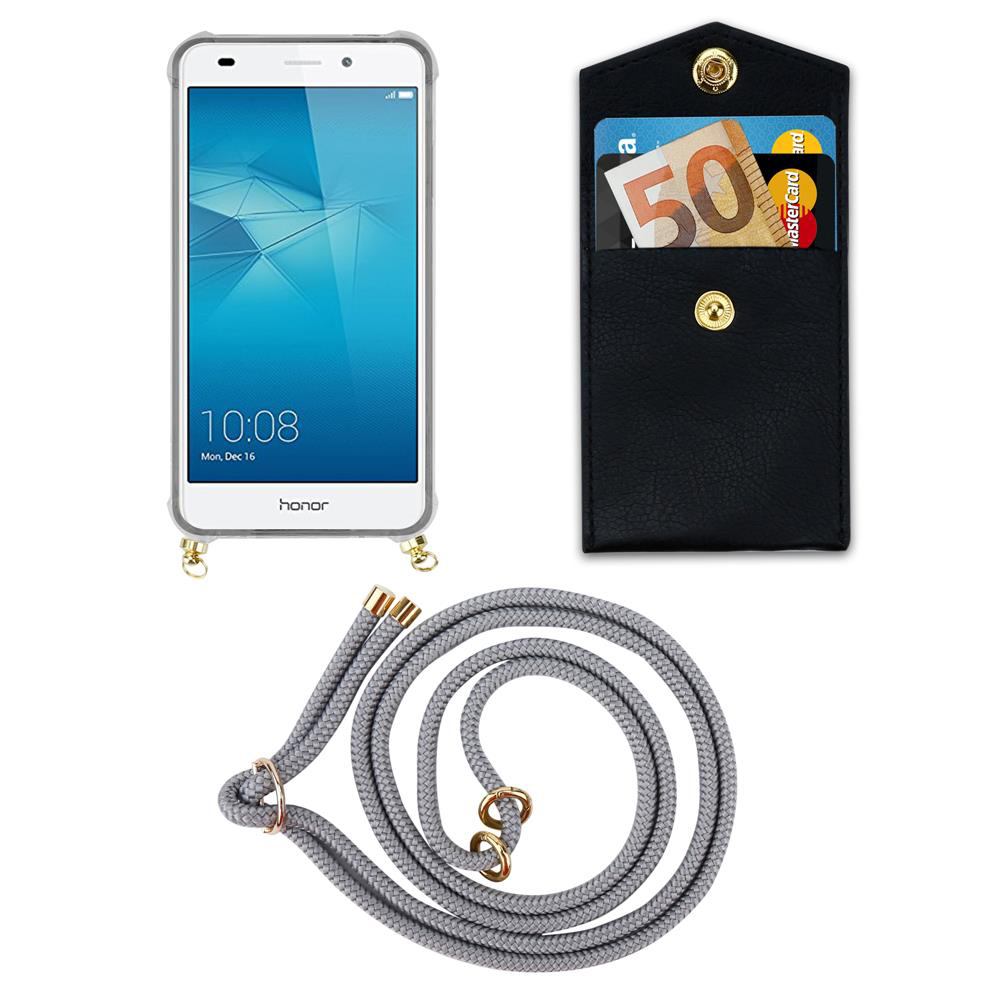 Smartphone mit Hülle, schwarze Tasche mit Geld und Karten, graues Band.