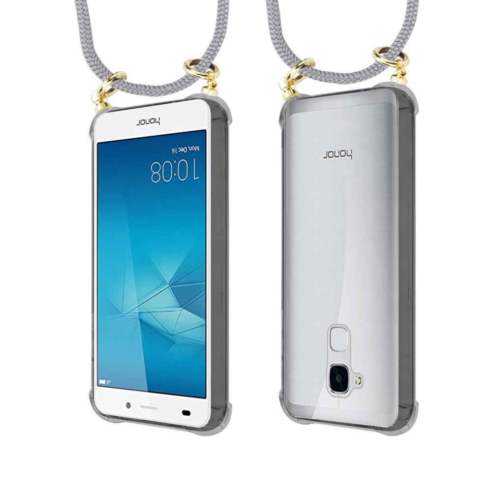 Vorder- und Rückansicht eines weißen Honor Smartphones in grauer Hülle mit Lanyard.