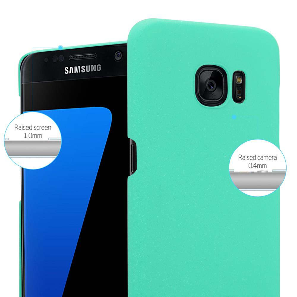 Una funda de teléfono turquesa protege un teléfono Samsung con pantalla en blanco.