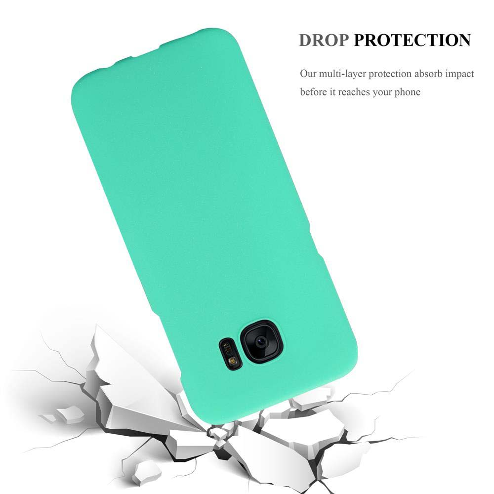 Funda de teléfono verde azulado cayendo y rompiendo suelo blanco.