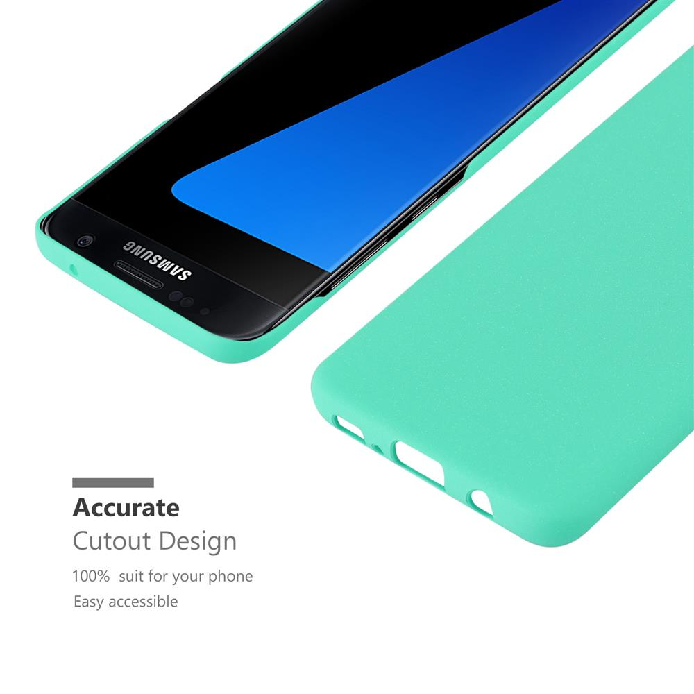 Un teléfono Samsung verde azulado con una funda al lado.