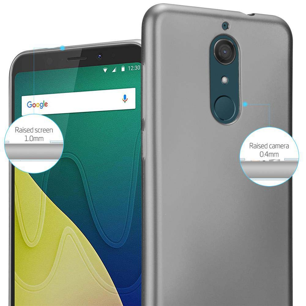 Graues Smartphone mit Google-Startbildschirm und erhabener Kamera/Bildschirmmarkierung.