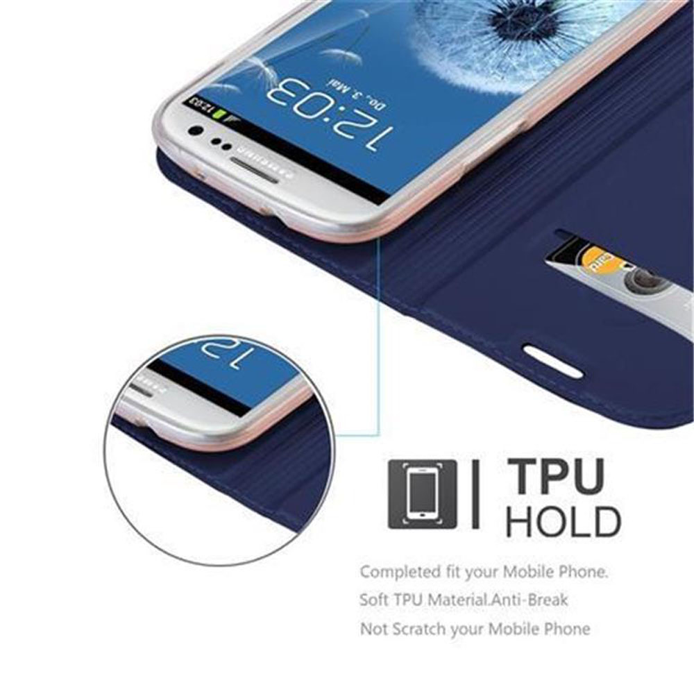 Uno smartphone con una custodia blu aperta che mostra un portacarte.