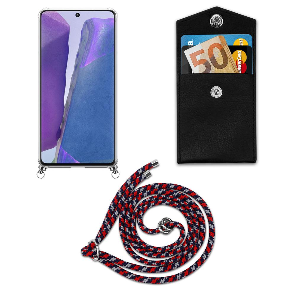 Smartphone in custodia, tasca nera con soldi e carta, e un cordino.