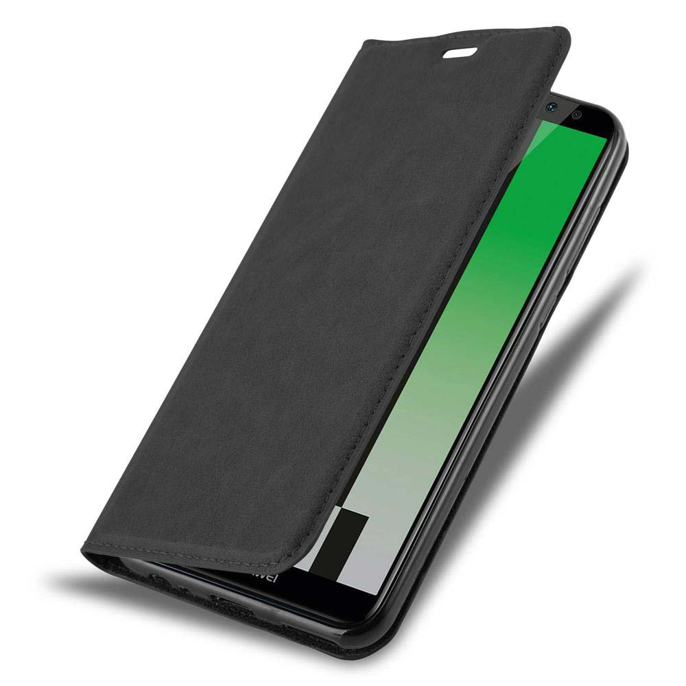 Schwarze Handyhülle mit offenem Deckel, die auf ein Smartphone mit grünem Bildschirm zeigt.