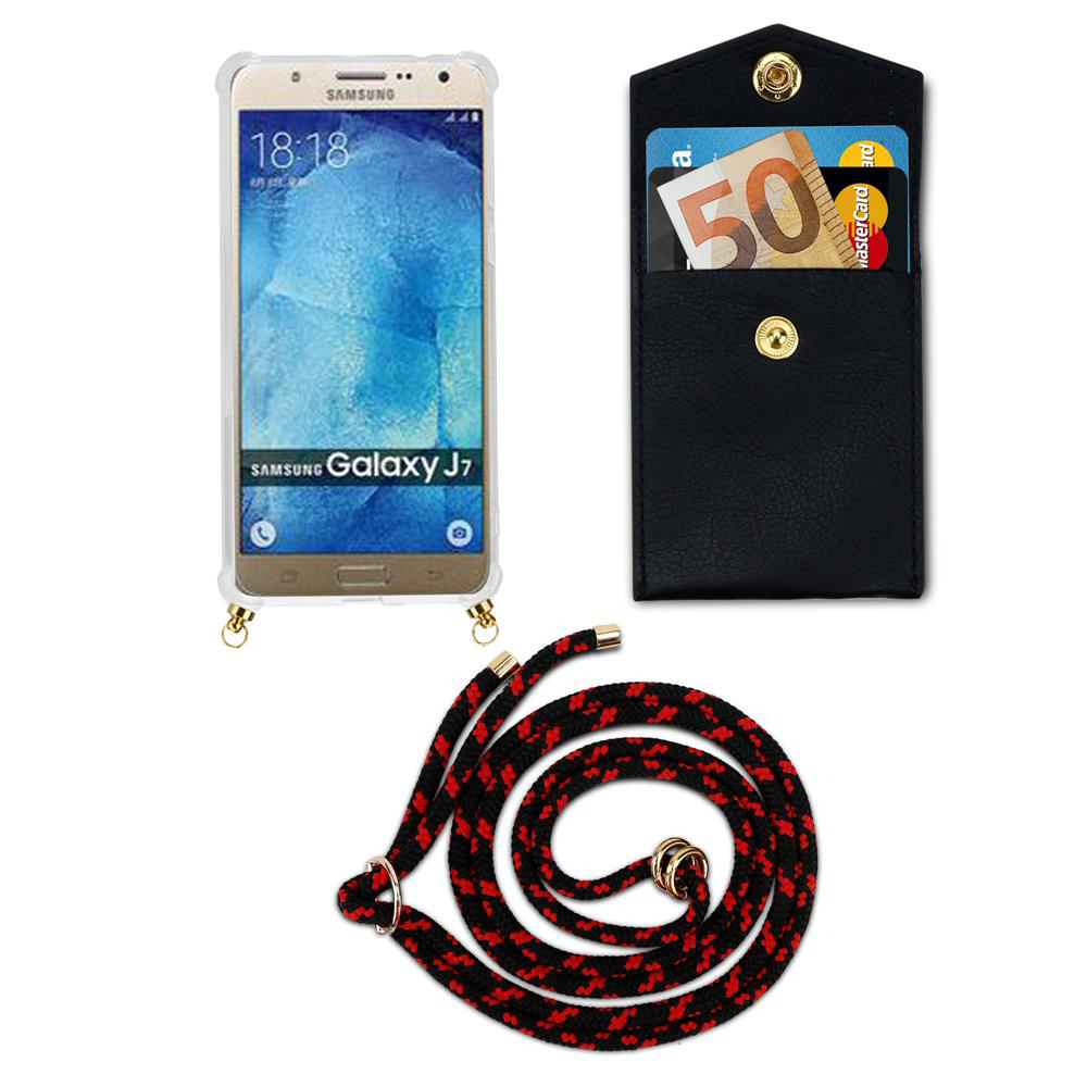 Un telefono Samsung Galaxy J7, un portafoglio nero con carte e denaro e un cordino.